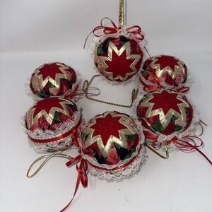 6 Vintage Christmas Ornament Ball Patchwork Quilt Star Cottagecore Granny Read